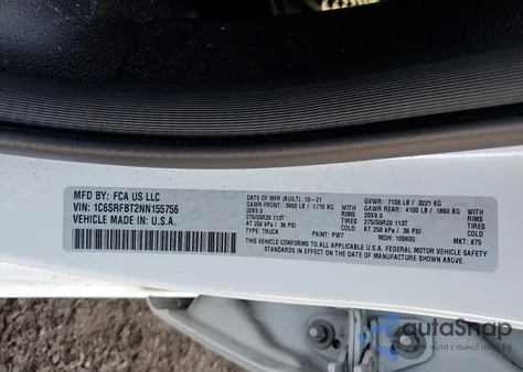 2022 Ram 1500 Big H z USA, uszkodzony, nr VIN 2C6SRFBT2NN155756